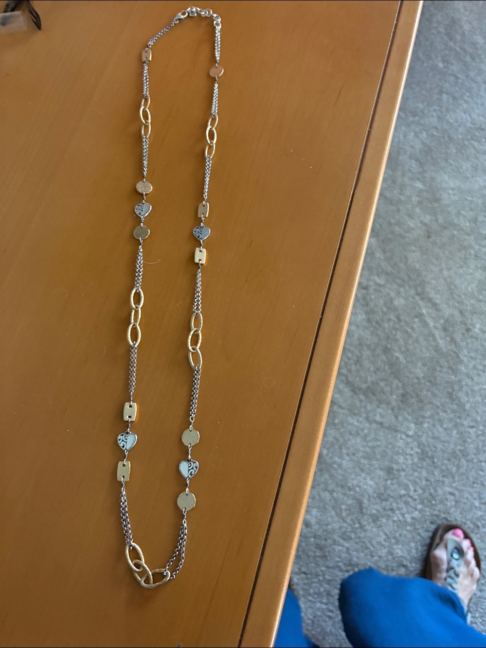 Brighton Long Mixed Metal Necklace Two Tone Gold Silver Filigree Heart Hammered